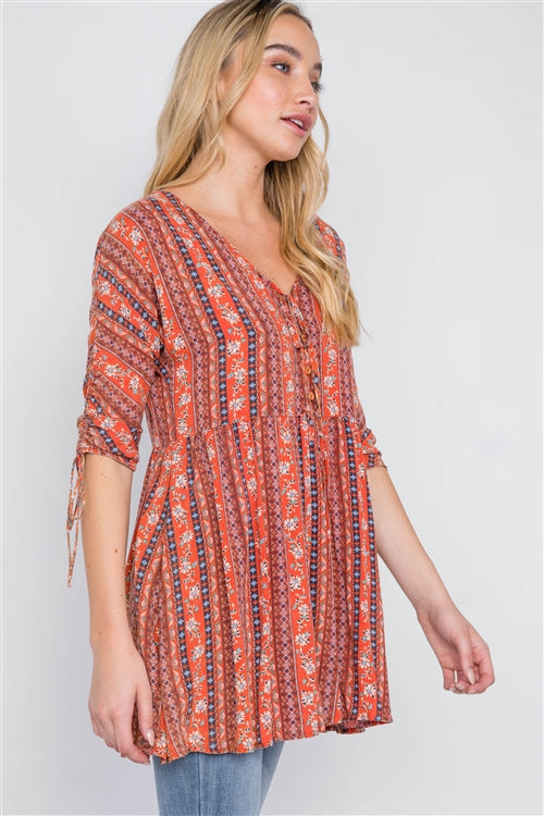 Rust V-Neck 3/4 Sleeve Button-Front Boho Top