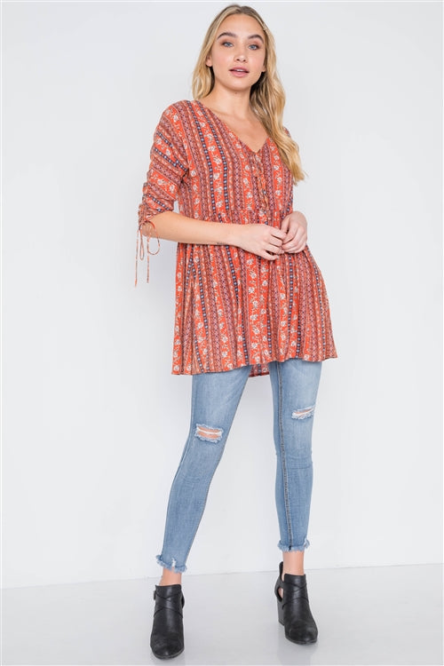 Rust V-Neck 3/4 Sleeve Button-Front Boho Top