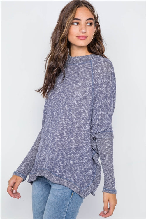 Navy Heathered Dolman Sleeves Knit Sweater Top