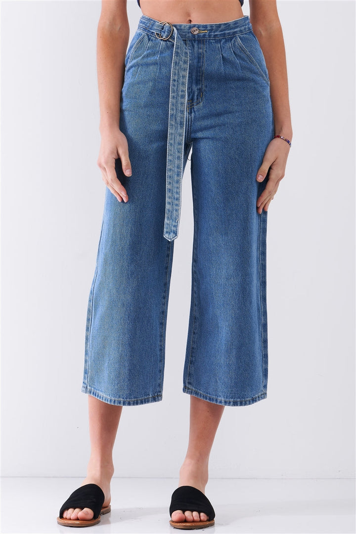 Mid-Blue High-Waisted Cropped Wide Leg Self-Tie D-Ring Belt Denim Pants