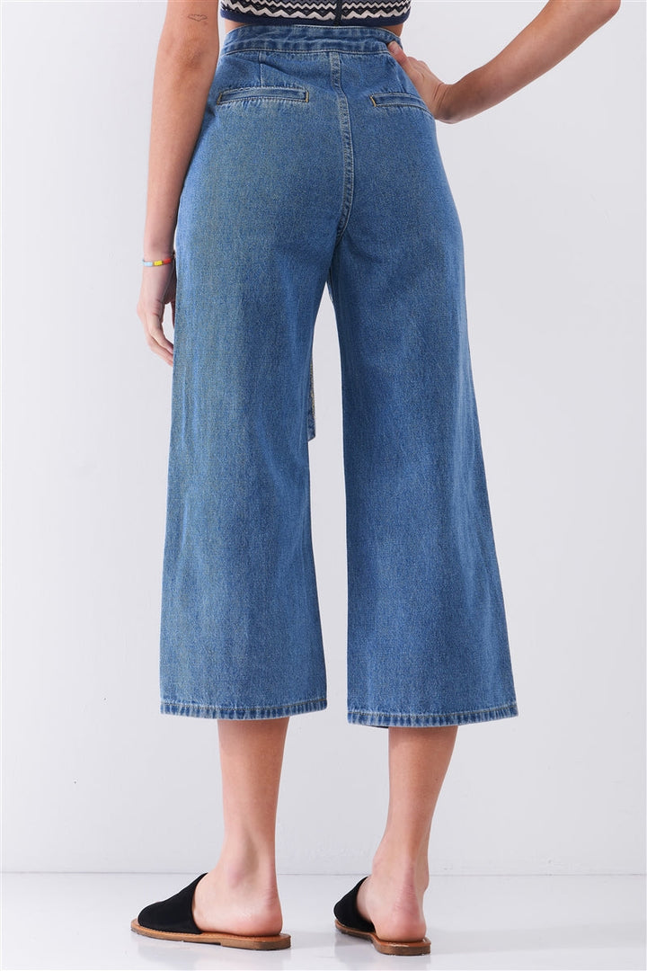 Mid-Blue High-Waisted Cropped Wide Leg Self-Tie D-Ring Belt Denim Pants