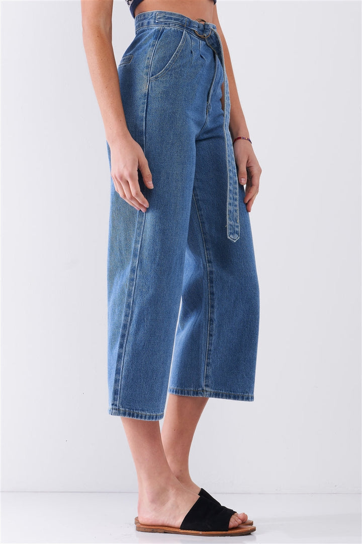 Mid-Blue High-Waisted Cropped Wide Leg Self-Tie D-Ring Belt Denim Pants