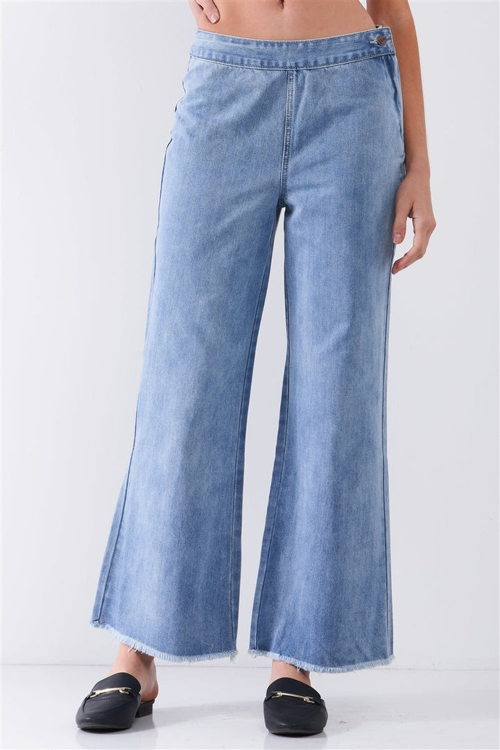 Mid Blue Denim Low-Rise Raw Hem Detail Side Zip-Up Basic Flare Jean Pants