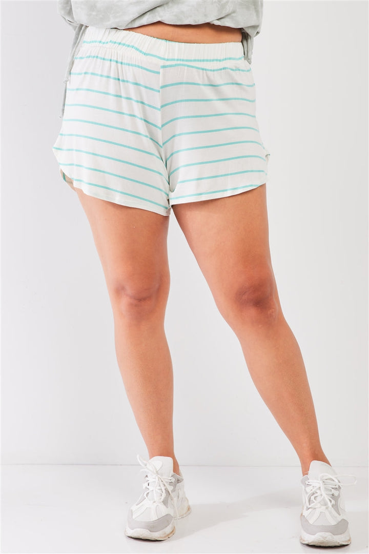 Junior Plus Size Ivory-Mint Striped High Waist Split Sides Relaxed Lounge Mini Shorts