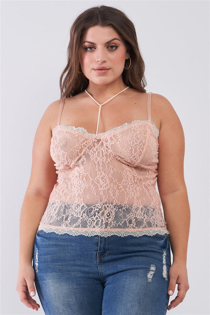 Junior Plus Size Dusty Rose Sleeveless Sheer Lace Halter Neck Detail Bustier Top