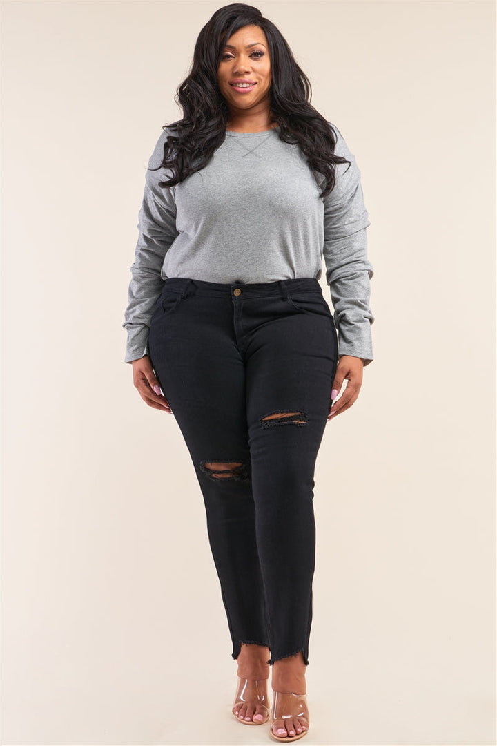 Plus Size Solid Black Low-Mid Rise Tight Fit Ripped Denim Jeans