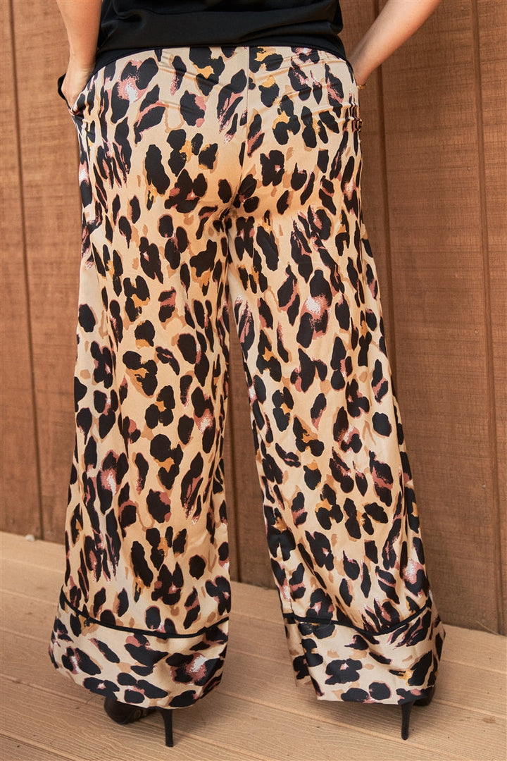 Junior Plus Taupe Combo Leopard Print Satin High-Waisted Wide Leg Pants