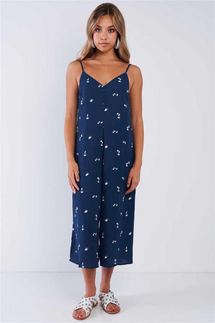 Navy Relaxed Fit Wide Leg Sleeveless Brush Stroke Cami Strap Jumpsuit