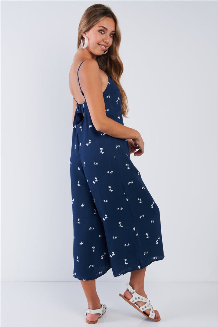 Navy Relaxed Fit Wide Leg Sleeveless Brush Stroke Cami Strap Jumpsuit