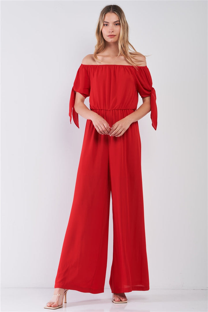 Red Off-The-Shoulder Short Sleeve With Self-Tie Detail Wide Leg Jumpsuit