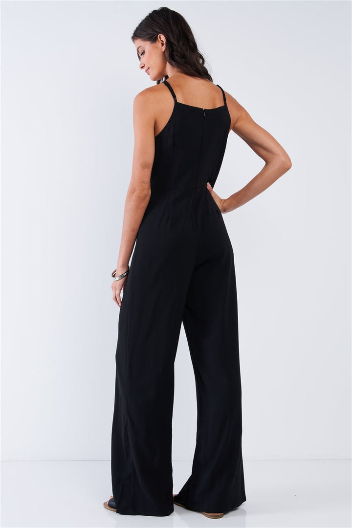 Black Sophisticated Floral Embroidered Sleeveless Wide Leg Jumpsuit