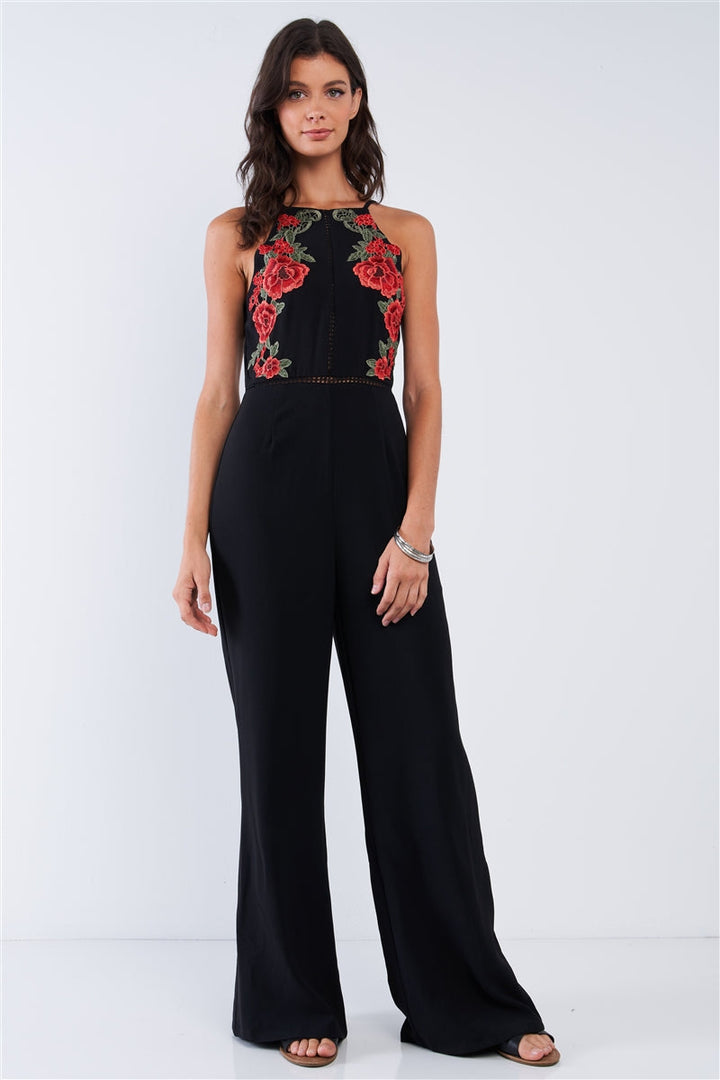 Black Sophisticated Floral Embroidered Sleeveless Wide Leg Jumpsuit