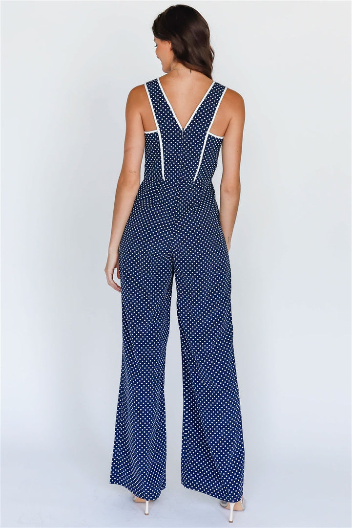 Navy & White Polka Dot V-Neck Wide Leg Romper