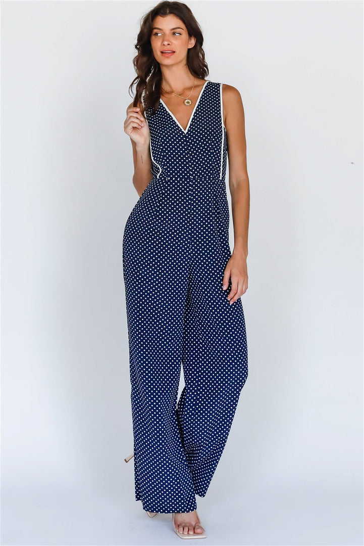 Navy & White Polka Dot V-Neck Wide Leg Romper