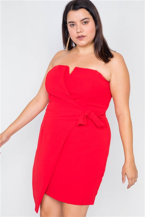 Plus Size Red Sleeveless Mock Wrap Mini Chic Dress