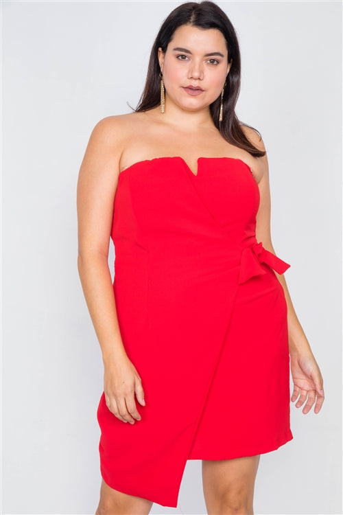 Plus Size Red Sleeveless Mock Wrap Mini Chic Dress