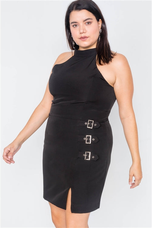 Plus Size Black Halter Buckle Hip Mini Dress