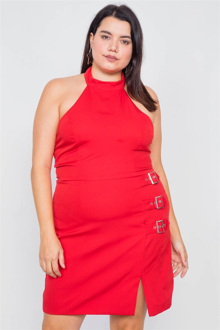 Plus Size Red Halter Buckle Hip Mini Dress