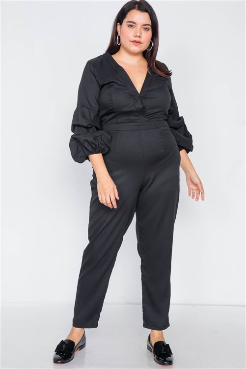 Plus Size Black V-Neck Puff Sleeve Straight Leg Jumpsuit