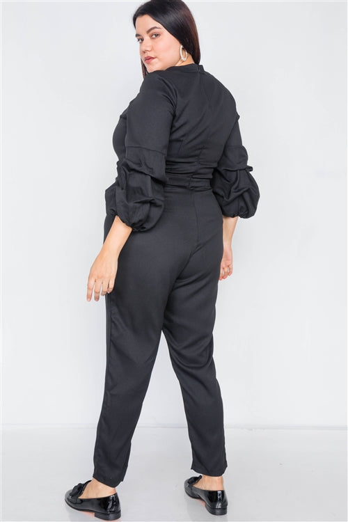 Plus Size Black V-Neck Puff Sleeve Straight Leg Jumpsuit