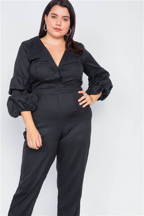 Plus Size Black V-Neck Puff Sleeve Straight Leg Jumpsuit