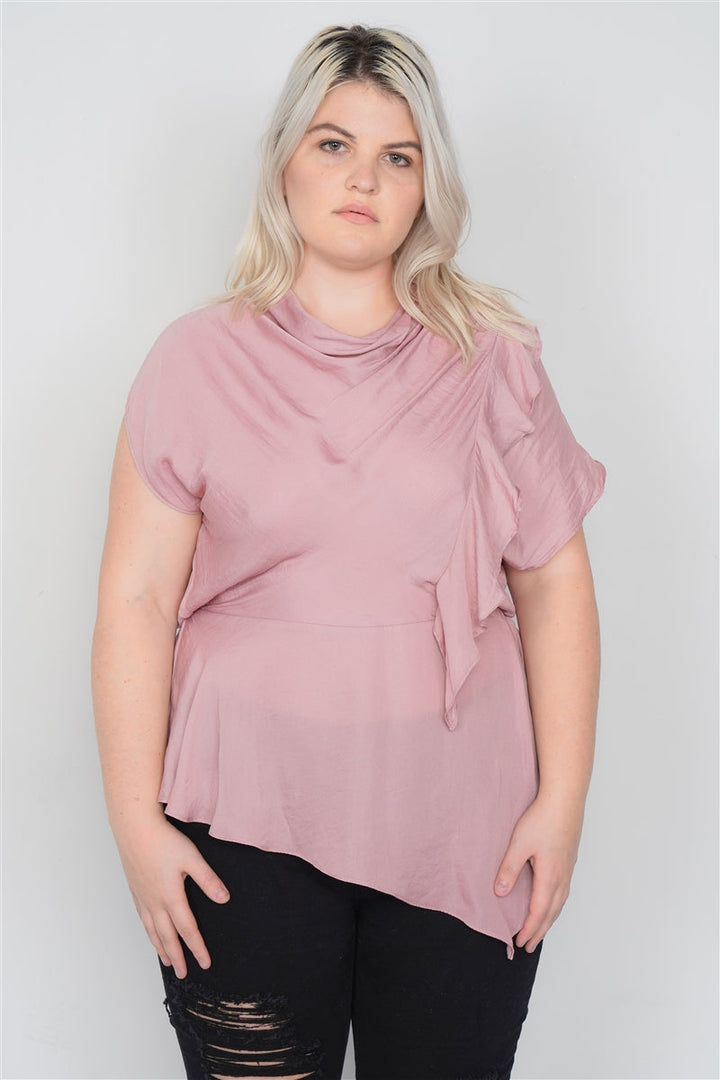 Plus Size Mauve Satin Handkerchief Hem Blouse