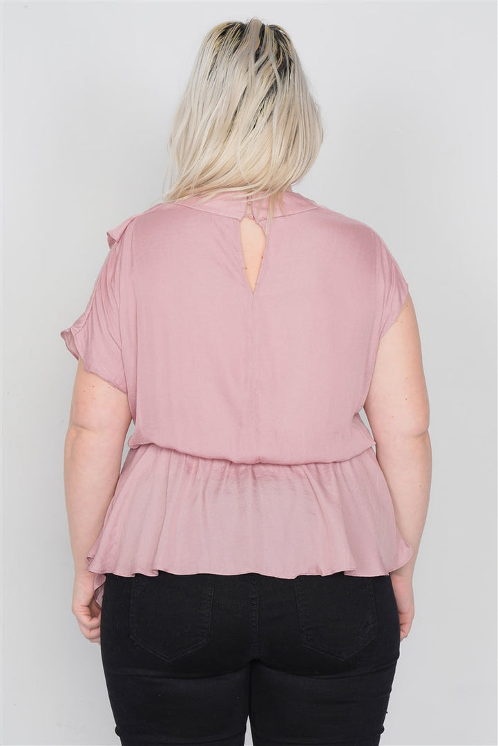 Plus Size Mauve Satin Handkerchief Hem Blouse