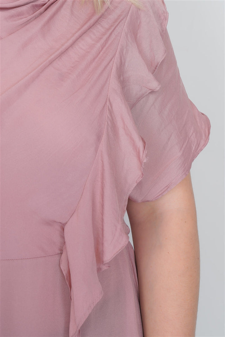 Plus Size Mauve Satin Handkerchief Hem Blouse