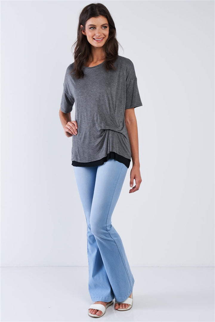 Charcoal Layered Soft Loose Fit Short Sleeve Top With One Sided Cinched Seam