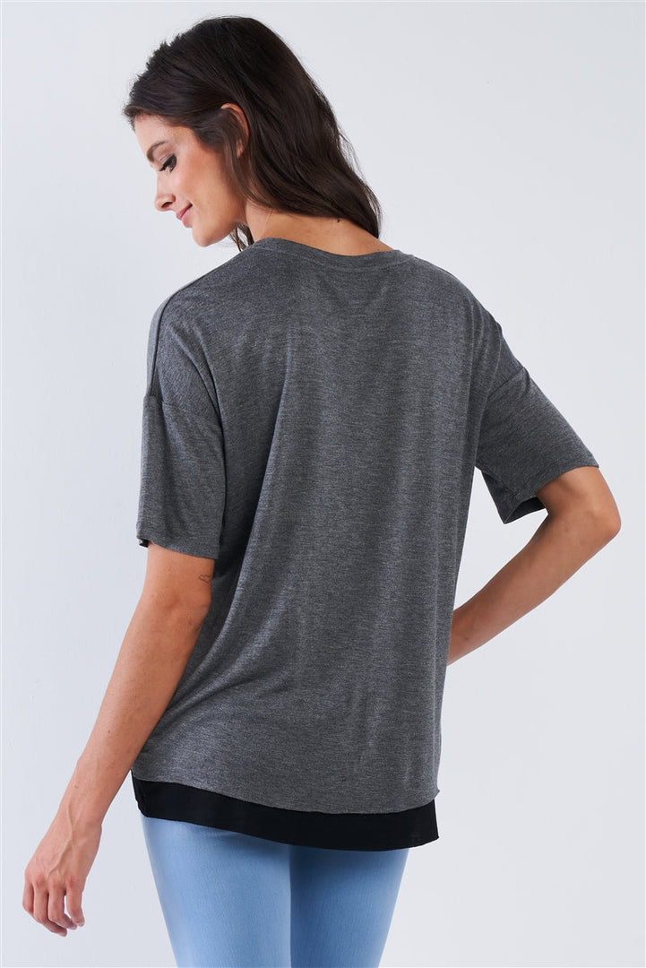 Charcoal Layered Soft Loose Fit Short Sleeve Top With One Sided Cinched Seam