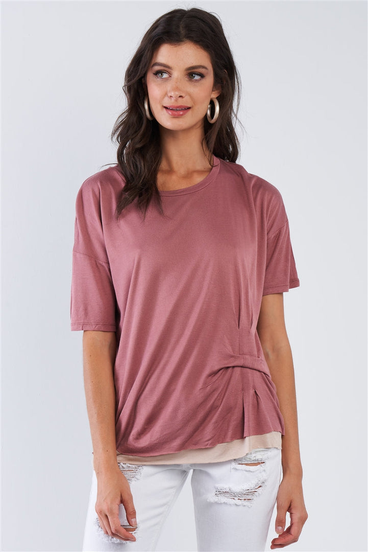 Smoke Rose Layered Soft Loose Fit Short Sleeve Top With One Sided Cinched Seam