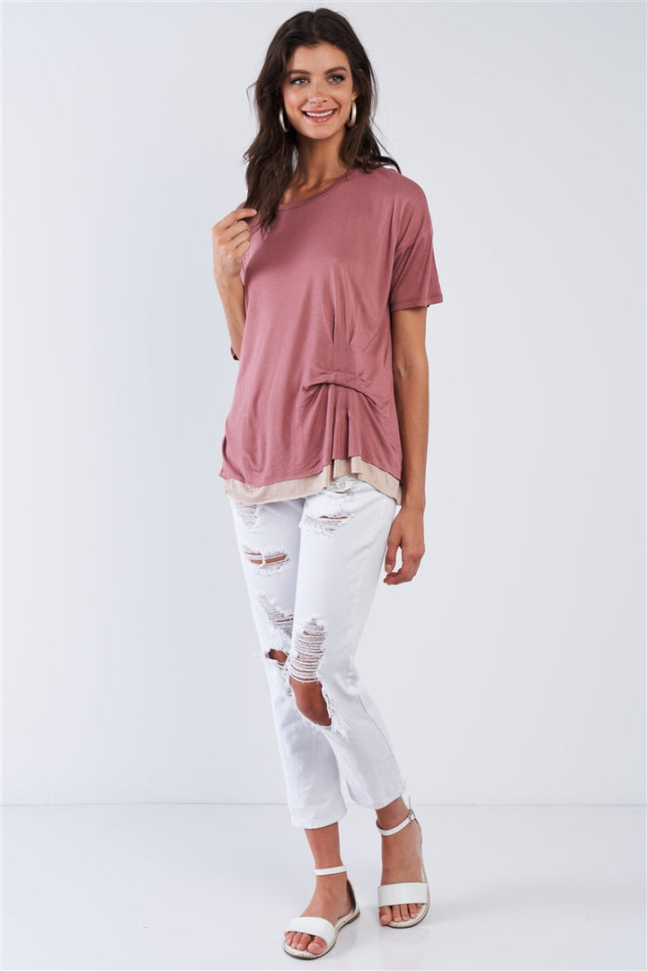 Smoke Rose Layered Soft Loose Fit Short Sleeve Top With One Sided Cinched Seam