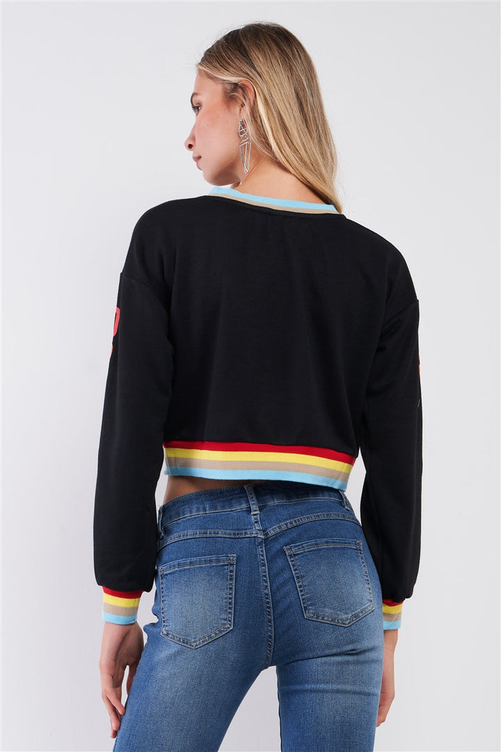 Dreamer Black & Rainbow Asymmetrical Long Sleeve Crop Top