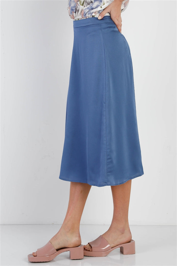 Blue Satin Effect Midi Slip Skirt