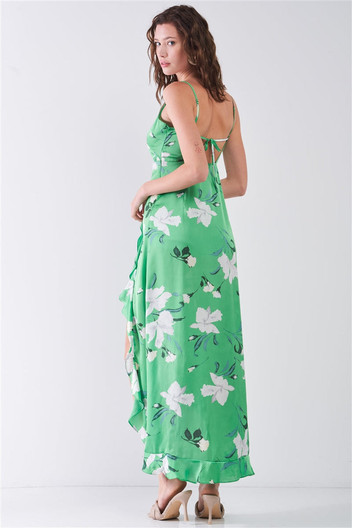 Green Satin Floral Print Sleeveless V-Neck Self-Tie Back Ruffle Trim Side Slit Detail Maxi Dress