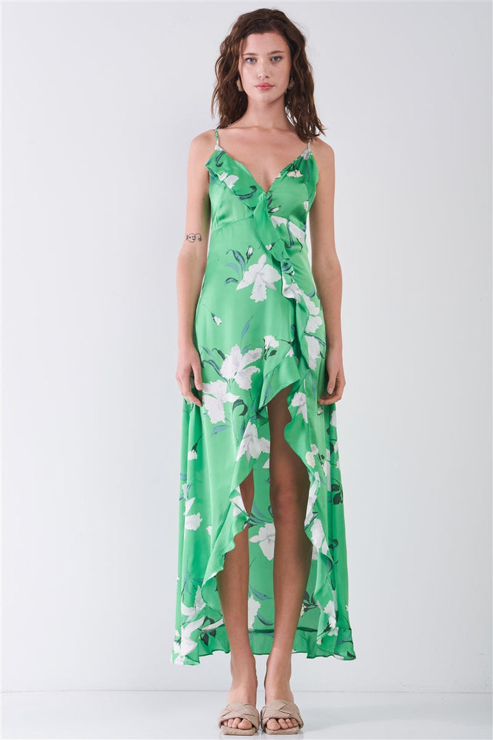 Green Satin Floral Print Sleeveless V-Neck Self-Tie Back Ruffle Trim Side Slit Detail Maxi Dress