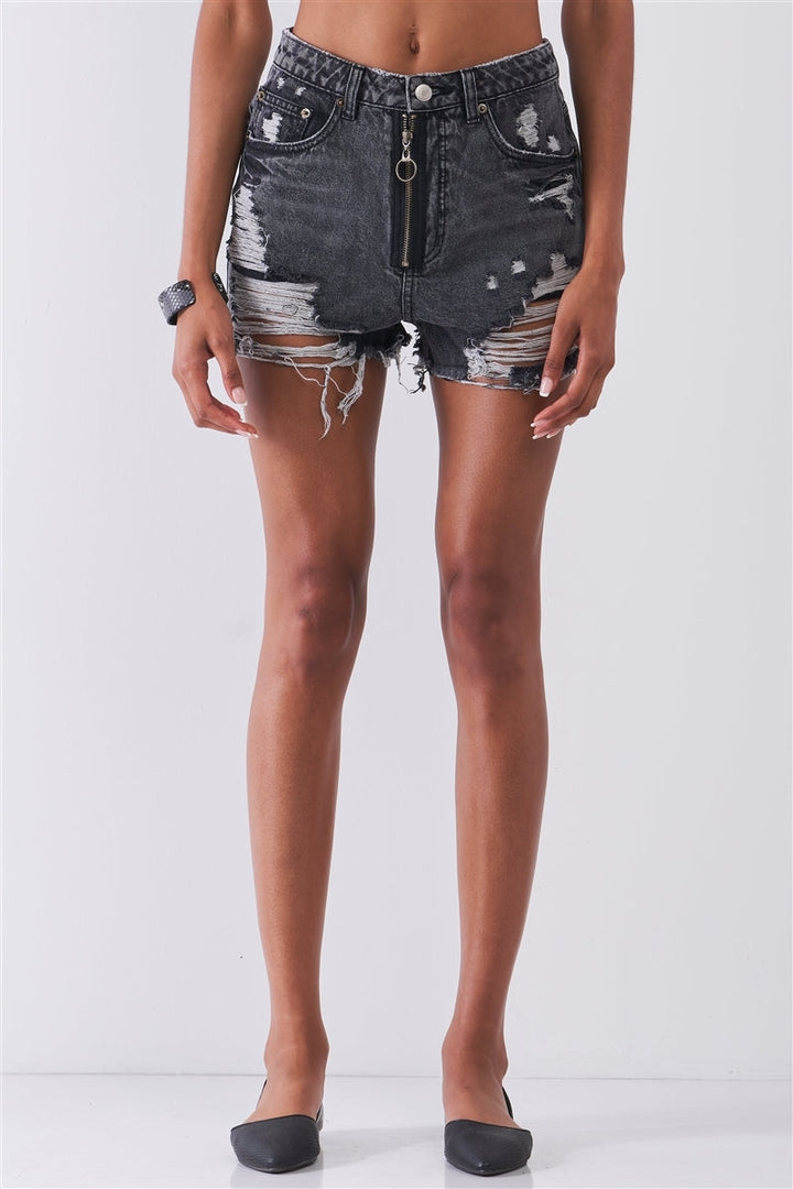 Black Denim Ripped High-Waist Front Zip-Up Raw Hem Detail Distressed Mini Shorts