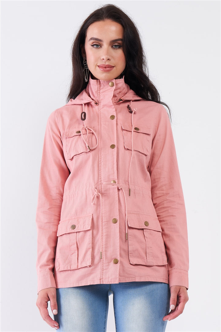 Washed Blush Pink Cotton Front Zip-Up & Button Down Detachable Hood Detail Utility Jacket