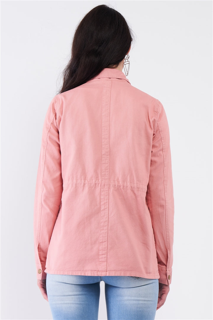 Washed Blush Pink Cotton Front Zip-Up & Button Down Detachable Hood Detail Utility Jacket