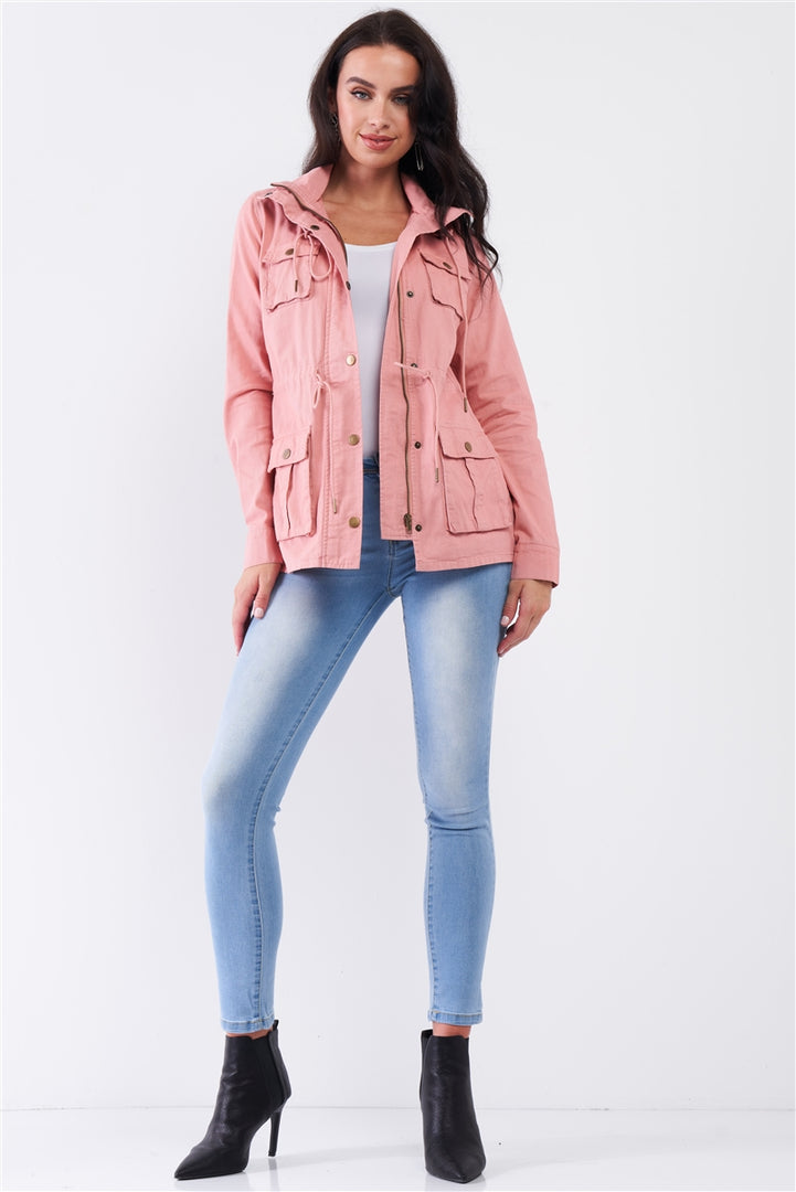 Washed Blush Pink Cotton Front Zip-Up & Button Down Detachable Hood Detail Utility Jacket