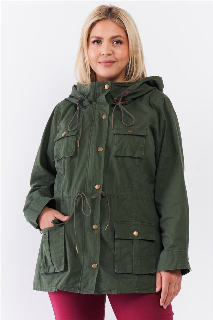 Junior Plus Olive Cotton Front Zip-Up & Button Down Detachable Hood Detail Utility Jacket