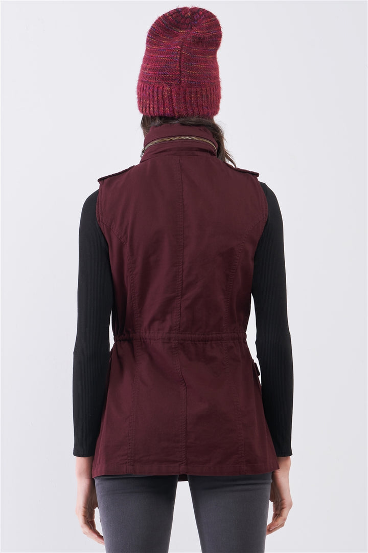 Burgundy Sleeveless Foldable Detachable Hood Detail Parka Utility Vest