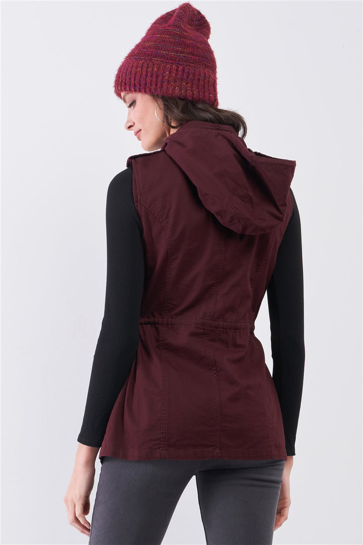 Burgundy Sleeveless Foldable Detachable Hood Detail Parka Utility Vest