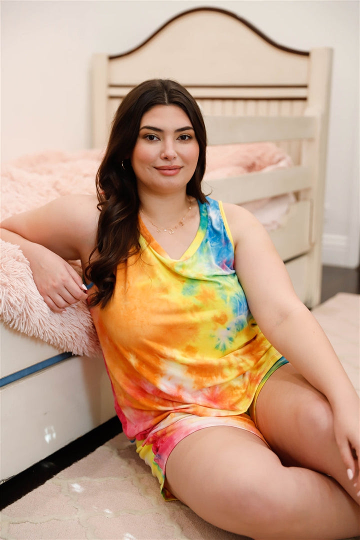 Junior Plus Size Rainbow Tie-Dye Sleeveless Tank Top & Shorts Set