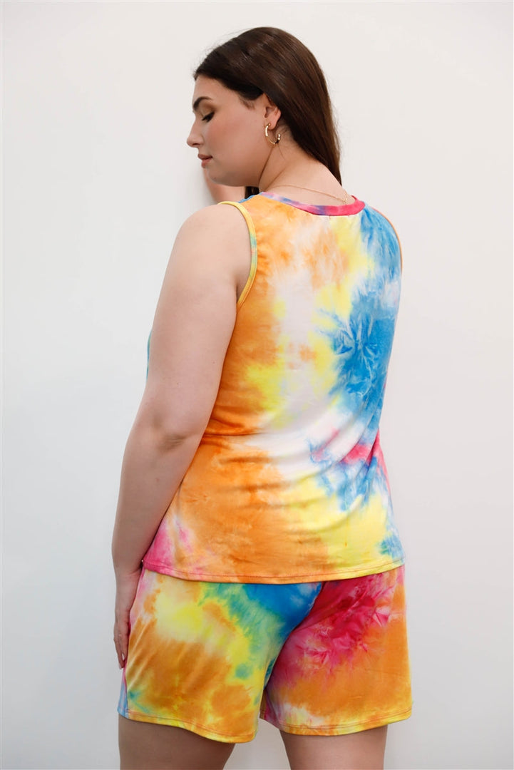 Junior Plus Size Rainbow Tie-Dye Sleeveless Tank Top & Shorts Set