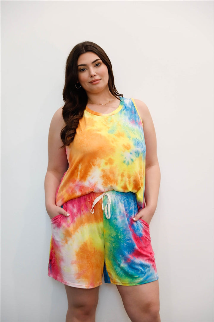 Junior Plus Size Rainbow Tie-Dye Sleeveless Tank Top & Shorts Set