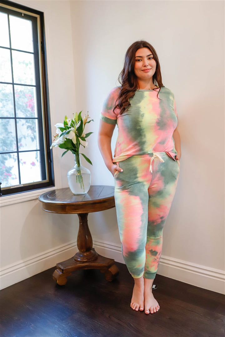 Junior Plus Size Olive Pink & Light Green Tie-Dye Short Sleeve Top & Sweatpants Set