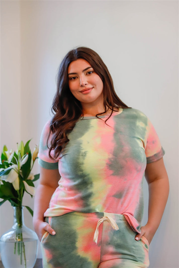 Junior Plus Size Olive Pink & Light Green Tie-Dye Short Sleeve Top & Sweatpants Set