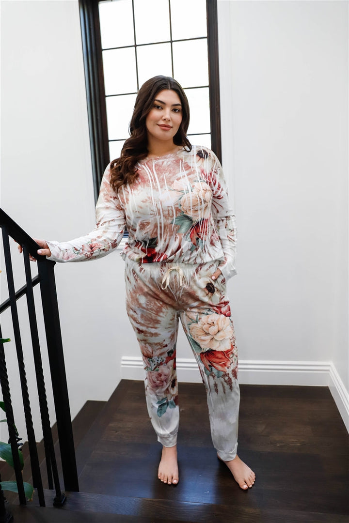 Junior Plus Size Ivory Floral Tie-Dye Long Sleeve Top & Sweatpants Set