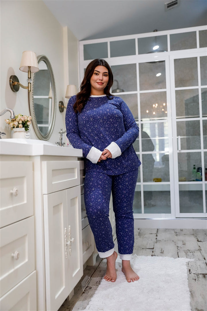 Junior Plus Size Navy Floral Print Long Sleeve Crewneck & Sweatpants Set